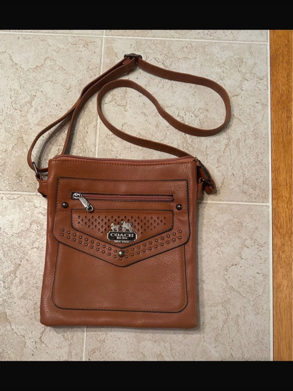 Tan Leather Messenger Bag with Studded Flap